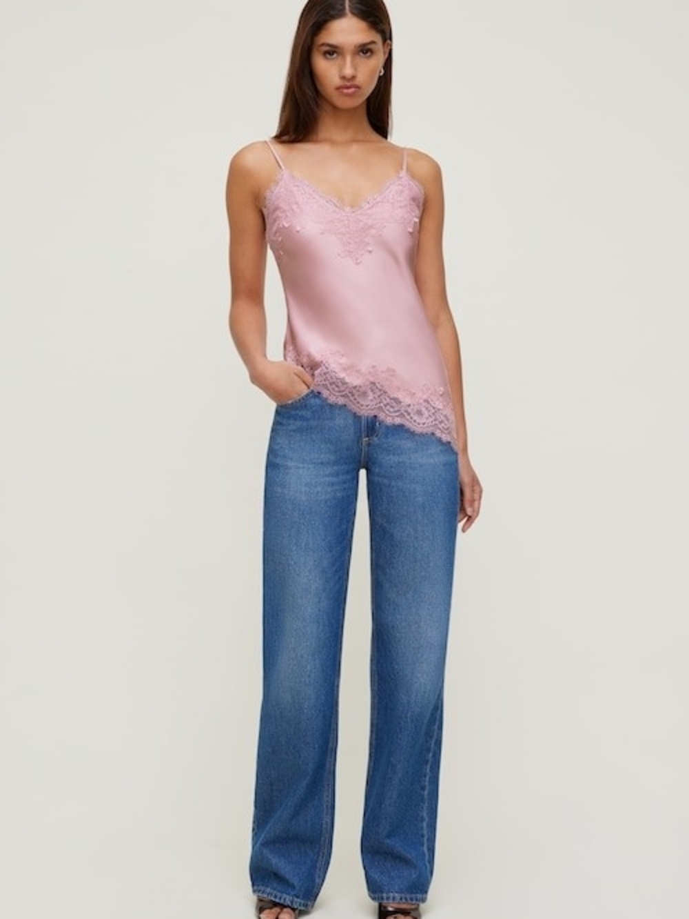 Dynamite Blush Pink Satin Lace-Trim Cami